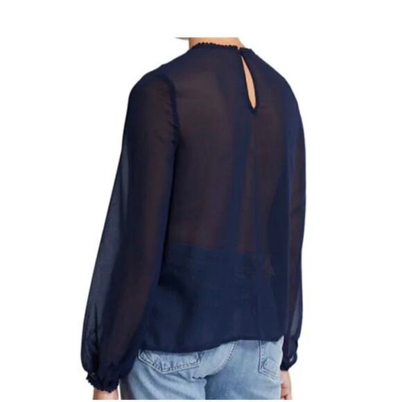 Anthropologie Endless Rose Sheer Navy Pleated Blouse w/ Lace Detail, XS - Picture 2 of 8